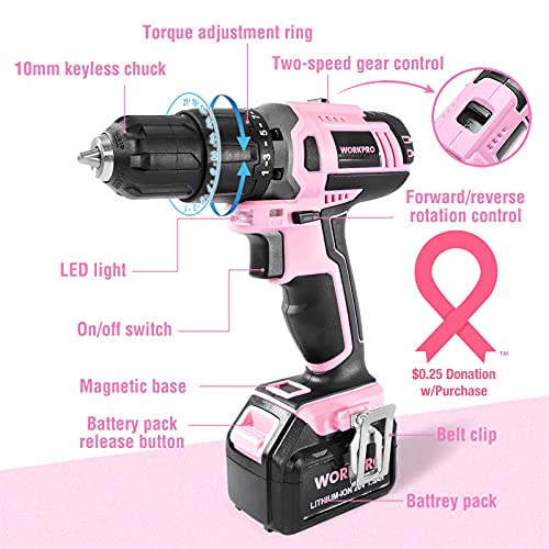 WORKPRO Pink Cordless 20V Lithium-ion Drill Driver Set, 1 Battery, Charger and Storage Bag Included - Pink Ribbon