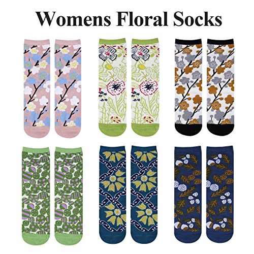 Women's Japanese Flowers Lightweight Casual Cotton Crew Socks, 6 Pack