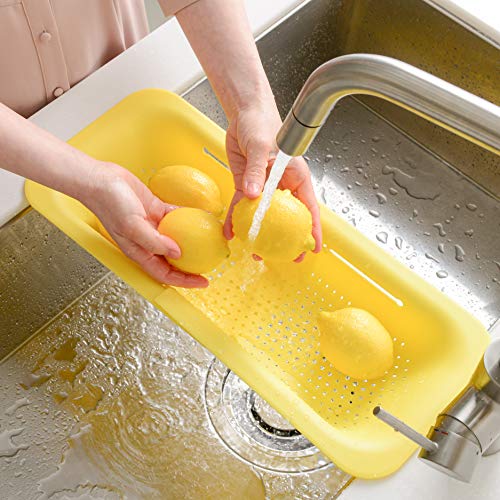 BLUE GINKGO Over the Sink Colander Strainer Basket - Wash Vegetables and Fruits, Drain Cooked Pasta and Dry Dishes - Extendable - New Home Kitchen Essentials (7.9 W x 14.5-19.5 L x 2.75 H) - Yellow
