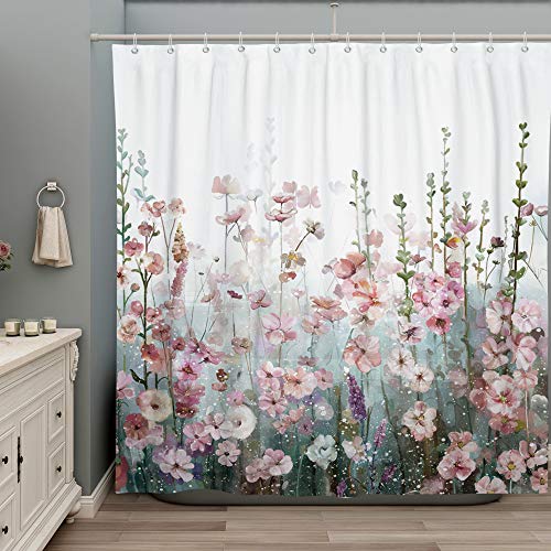 Romantic Nature Wildflowers Scenery Bathroom Shower Curtain w/Rings Set