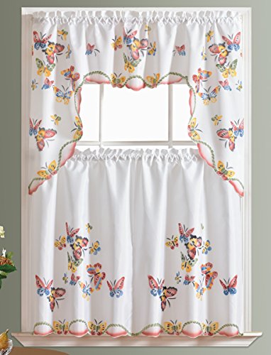 GOHD - 3pcs Kitchen Curtain/Cafe Curtain Set, Air-brushed By Hand of Flying Butterfly Design (swag & 36" tiers set)