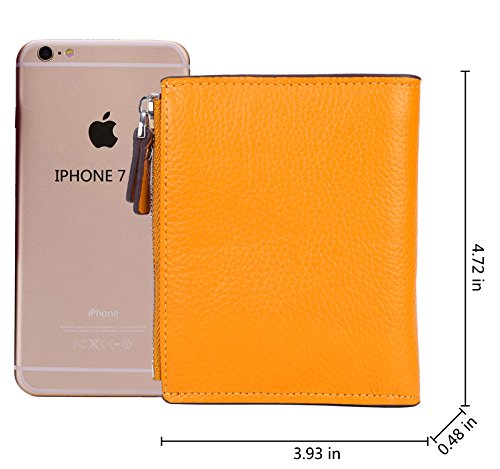 AINIMOER Women's RFID Blocking Leather Small Compact Bi-fold Zipper Pocket Wallet Card Case Purse(Lichee Yellow)