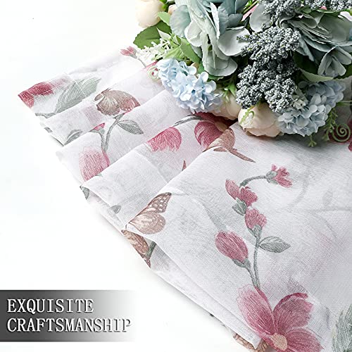 Tollpiz Short Sheer Floral Tier Curtains Pink Flower Butterfly Printed Half Window Curtain Rod Pocket Kitchen Voile Faux Linen Curtains for Bathroom, 30 x 24 inches Long, Set of 2 Panels