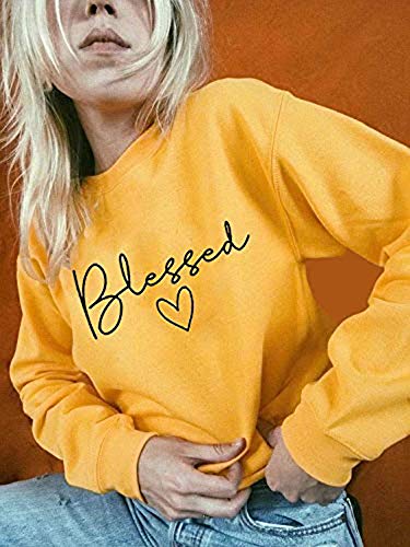 Blessed Sweatshirt for Women Letter Print Lightweight Thanksgiving Pullover Tops Blouse (Yellow, Small)