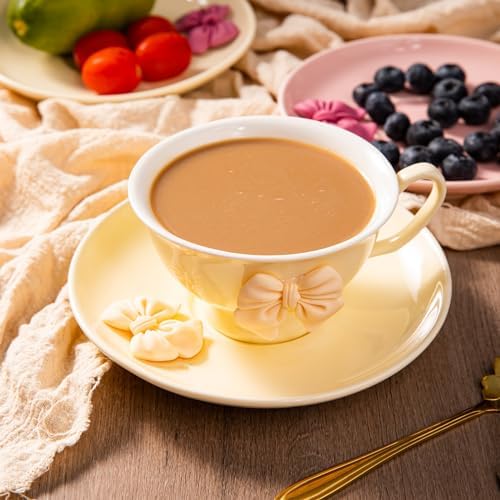 ICHAG Cups and Saucers Set of 6, Coffee Mugs, Tea Cups Set with Bowknot, Tea Set, 18-piece, Cup with 8.4oz, Golden Spoon, For Tea Party, Christmas Gifts, Gifts for Home Office