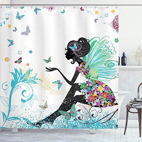 Ambesonne Fantasy Shower Curtain, Spring Girl Wings in a Floral Dress Surreal Garden Butterflies Print, Cloth Fabric Bathroom Decor Set with Hooks, 69