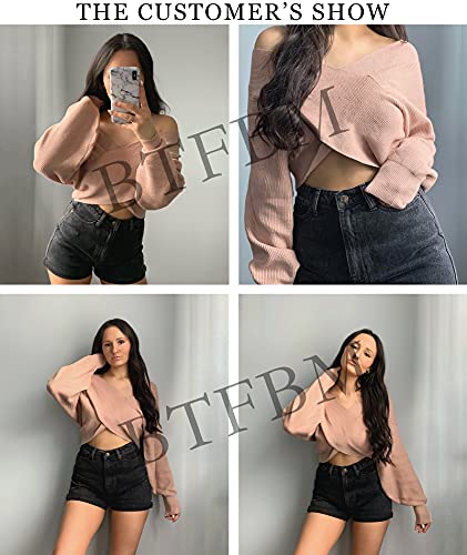 BTFBM Women Casual V Neck Long Sleeve Sweaters Cross Wrap Front Off Shoulder Asymmetric Hem Knitted Crop Solid Pullover(Solid Khaki, X-Large)