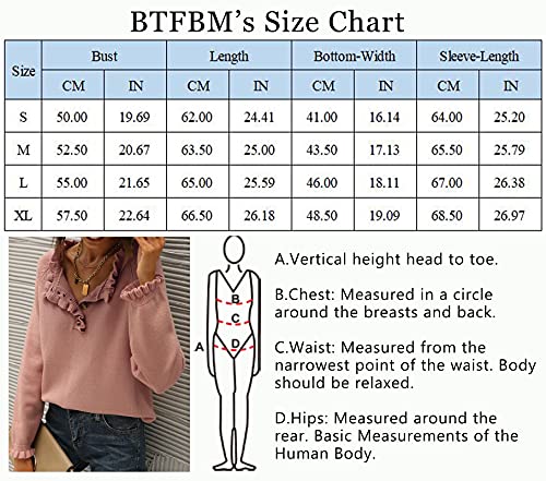 BTFBM Women's Sweaters Casual Long Sleeve Button Down Crew Neck Ruffle Knit Pullover Sweater Tops Solid Color Striped (Solid Pink, Medium)