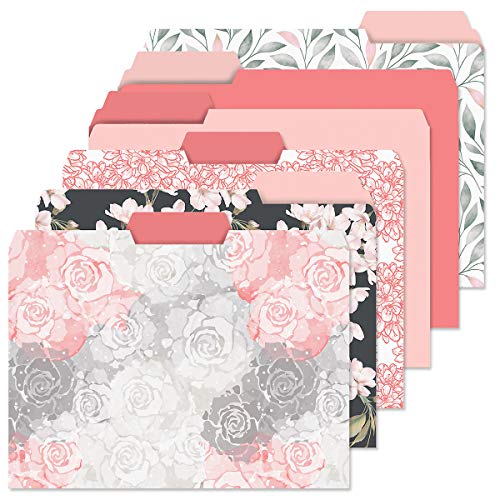 Set of 24 Charcoal & Coral File Folders, 6 Bright Designs, 1/3 Cut Tabs, Standard Letter Size