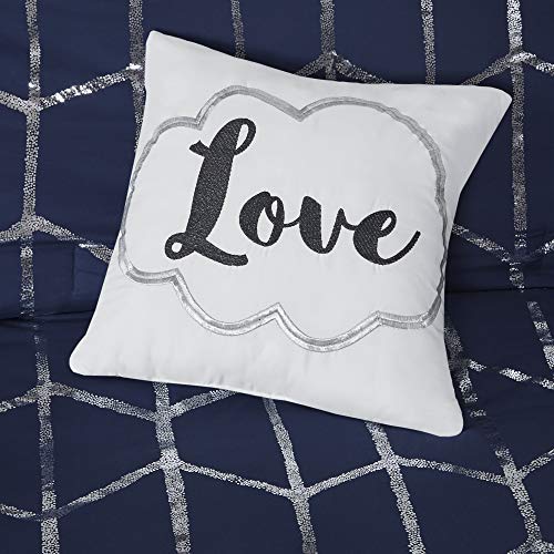 Intelligent Design Raina Comforter Microfiber Metallic Print Geometric, Embroidered Toss Pillow Modern Trendy Casual All Season Bedding Set with Matching Sham, Full/Queen, Navy/Silver 5 Piece