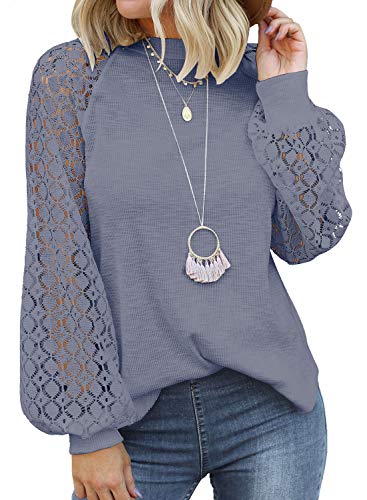 MIHOLL Women’s Long Sleeve Tops Lace Casual Loose Blouses T Shirts Grey Blue