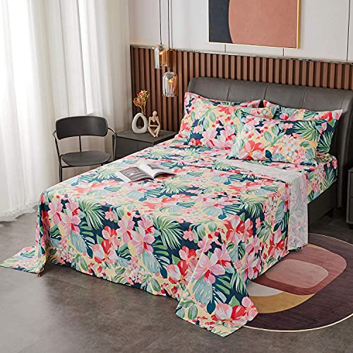Vivid & Bright Tropical Hawaiian Flowers Deep Pocket Cotton Bed Sheet Set  (6 sizes)
