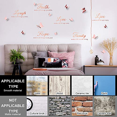 6 Pieces Faith Hope Love Laugh Family Live Wall Decal Sticker Motivational Wall Decal Sticker with 12 Pieces 3D Butterfly Decal Inspirational Quotes Sticker Set for Home Office Decor (Rose Gold)