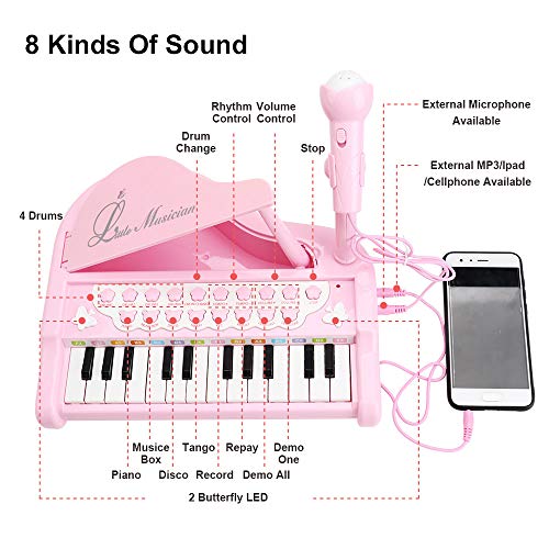 Amy&Benton Toddler Piano Toy Keyboard Pink for Girls Birthday Gift 1 2 3 4 Years Old Kids 24 Keys Multifunctional Toy Piano