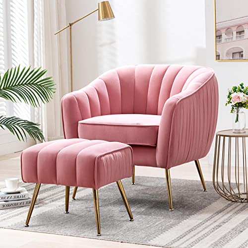 Altrobene Accent Chair with Ottoman, Modern Barrel Chair and Ottoman, Living Room Bedroom Furniture Set, Velvet Upholstered, Golden Finished, Blush Pink