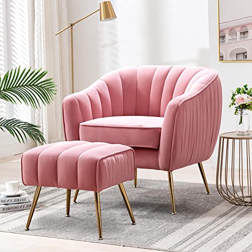 Altrobene Accent Chair with Ottoman, Modern Barrel Chair and Ottoman, Living Room Bedroom Furniture Set, Velvet Upholstered, Golden Finished, Blush Pink