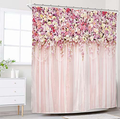 Cascading Spring Nature Pink Roses Shower Curtain w/12 Hooks Set