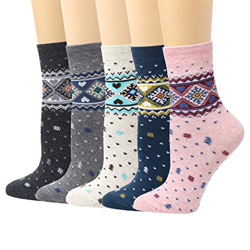 LIVEBEAR 4/5/6/7 Pairs Womens Cute Prints Patterns, Novelty, Casual Cotton Crew Socks Made In Korea (Snow Flower)