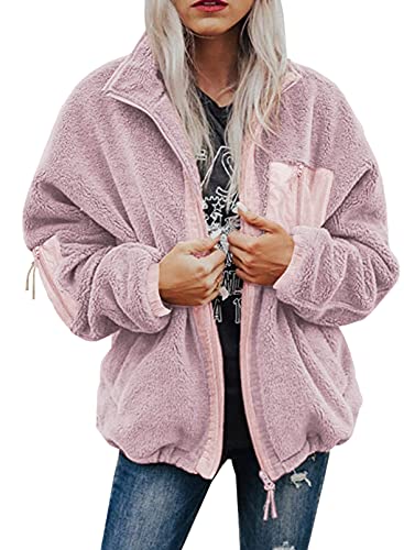 BTFBM Women Long Sleeve Full Zip Jackets Casual Solid Color Loose Fleece Short Teddy Coats Jacket Outerwear With Pockets(Solid Pink, Medium)