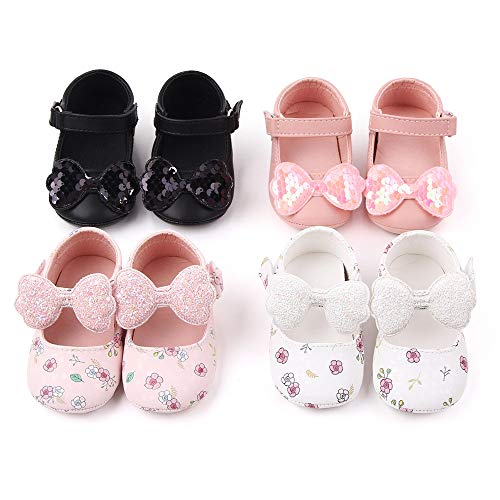 Infant Baby Girl's Handmade Soft PU Leather Non-Slip Princess Flats First Walkers, Pink Bow