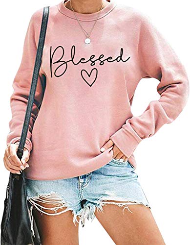 Blessed Sweatshirt for Women Letter Print Lightweight Thanksgiving Pullover Tops Blouse (Pink, Small)