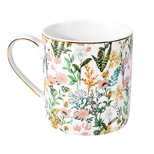 WAVEYU Ceramic Mug for Women, Cute Coffee Water Mug Cup for Christmas Holiday, Floral Design with Handle for Home Office, Decorative Coffee Tea Cup for Girls Teachers Colleagues, 14 oz, White Flower