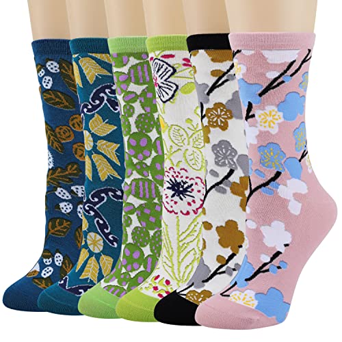 Women's Japanese Flowers Lightweight Casual Cotton Crew Socks, 6 Pack
