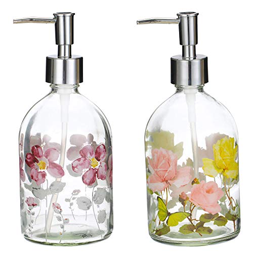 Topadorn 17oz Flower Glass Soap Dispenser Bottle with Plastic Pump,Set of 2