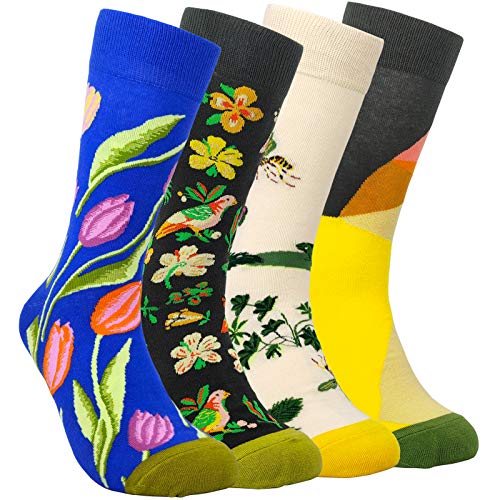 Womens Funny Dress Crew Socks Flower - HSELL Colorful Floral Fancy Pattern Casual Cotton Socks (Tulip & Birds - 4 Pairs)