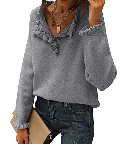 BTFBM Women's Sweaters Casual Long Sleeve Button Down Crew Neck Ruffle Knit Pullover Sweater Tops Solid Color Striped (Solid Grey, Medium)