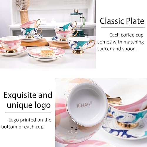 ICHAG Cups and Saucers Set of 6, Coffee Mugs, Tea Cups Set with Bowknot, Tea Set, 18-piece, Cup with 8.4oz, Golden Spoon, For Tea Party, Christmas Gifts, Gifts for Home Office