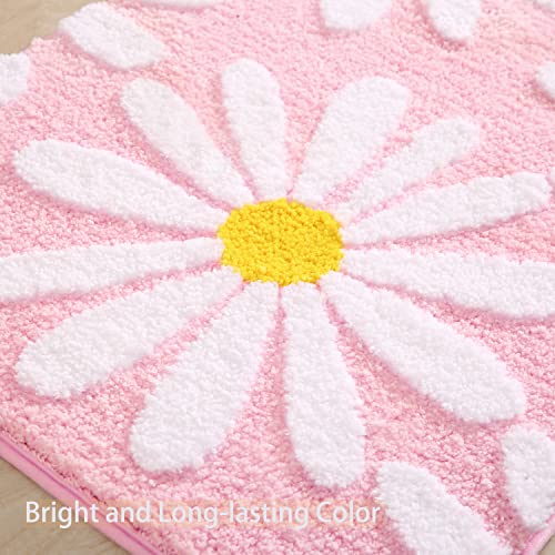 Pink Bathroom Rugs Cute Daisy Bath Mat White and Yellow Flower Decor Rug Non Slip Floor Carpet Microfiber Bathmat Super Absorbent Machine Washable Bahtub Mats for Shower, Tub, Bedroom 16"x 24"