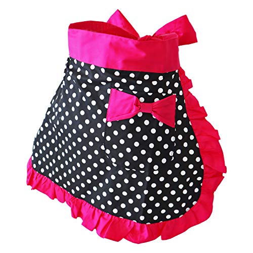 Waist Apron Cute Vintage 50’s Cooking Kitchen Retro Lovely Ruffle Apron with Pockets for Women Girls (Rose)