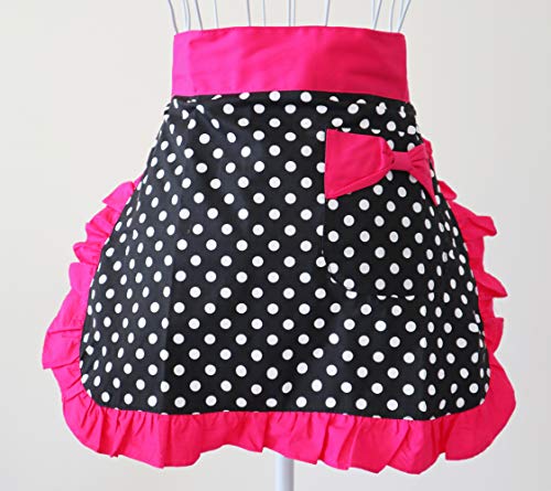 Waist Apron Cute Vintage 50’s Cooking Kitchen Retro Lovely Ruffle Apron with Pockets for Women Girls (Rose)