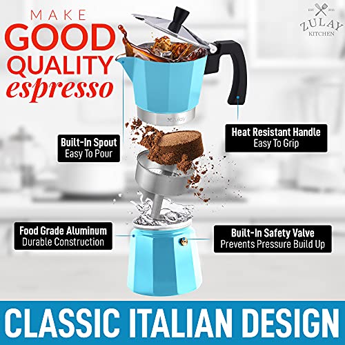 Zulay Classic Stovetop Espresso Maker for Great Flavored Strong Espresso, Classic Italian Style 3 Espresso Cup Moka Pot, Makes Delicious Coffee, Easy to Operate & Quick Cleanup Pot (Blue)