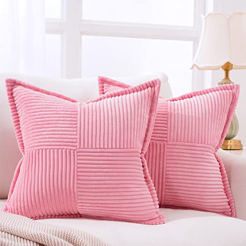 Topfinel Baby Pink Throw Pillows Covers 18 x 18 Set of 2 for Couch Living Room,Splicing Corduroy Wide-Brimmed Decorative Cushion Covers,Rustic Farmhouse Pillowase for Girl's Room Bed Sofa.