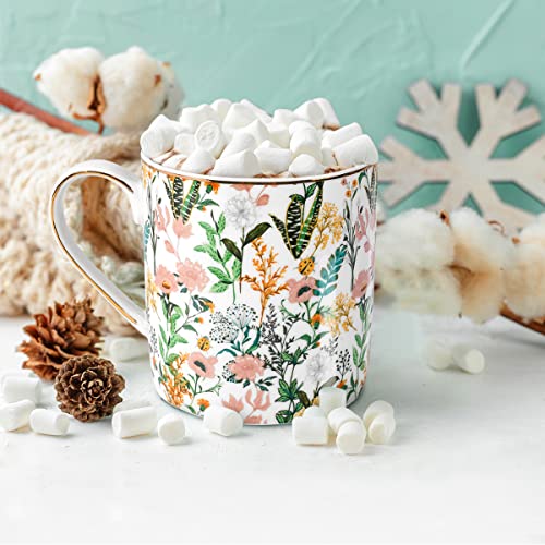 WAVEYU Ceramic Mug for Women, Cute Coffee Water Mug Cup for Christmas Holiday, Floral Design with Handle for Home Office, Decorative Coffee Tea Cup for Girls Teachers Colleagues, 14 oz, White Flower