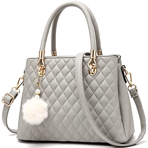 I IHAYNER Womens Leather Handbags Purses Top-handle Totes Satchel Shoulder Bag for Ladies with Pompon (Grey)