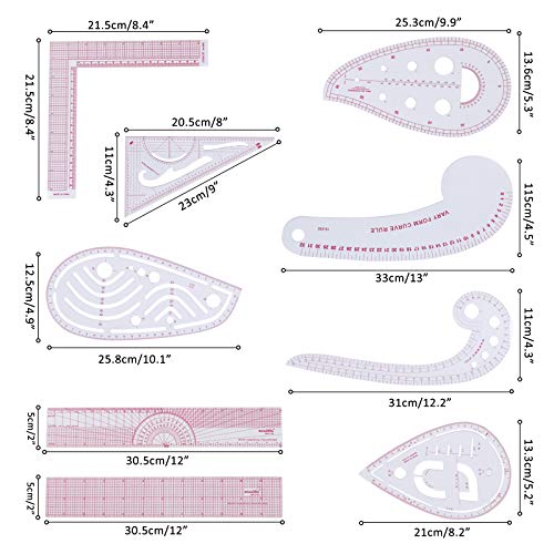 HLZC Fashion Clear Metric Sewing Ruler Set, French Curve Pattern Ruler Kit for Beginners Tailors Designers (A-9-Piece Set)