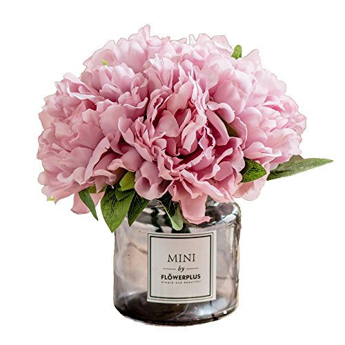 Billibobbi ,Artificial Flowers with Vase, Fake Peony Flowers in Gray Vase,Faux Flower Arrangements for Home Decor,Light Lilac,Small