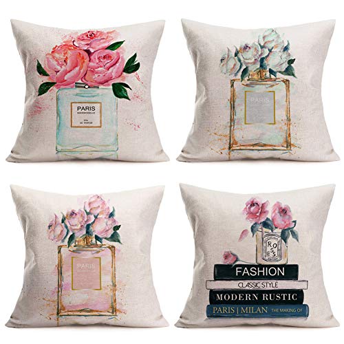 Set of 4 Flowered Perfume Bottles Decorative Throw Pillow Covers, Indoor/Outdoor, 18 x 18 inches