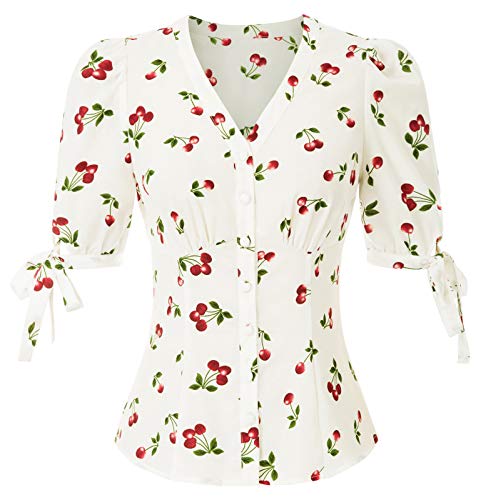 V Neck Puff Sleeve Button Shirts for Women Work Cherry Blouses White S