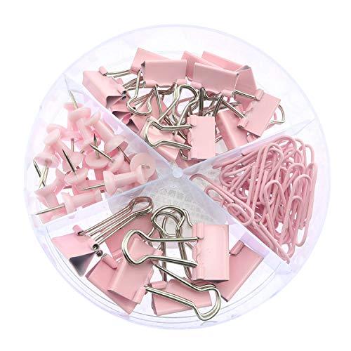Pink Office Supplies Set - Large & Small Binder Clips, Paper Clips, Push Pins