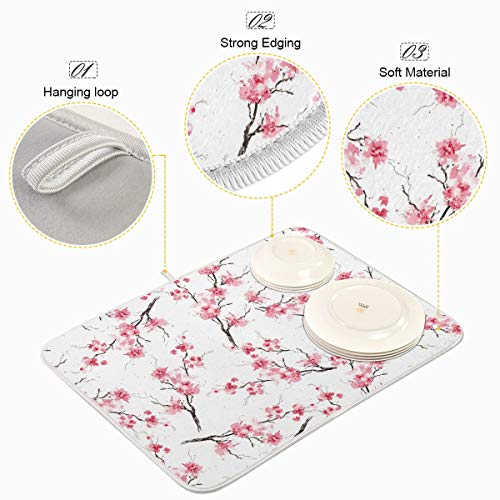Cherry Blossoms Flowers Dish Drying Mat 16x18 for Kitchen Sakura Branch Pink White Floral Dishes Pad Dish Drainer Rack Mats Absorbent Fast Dry Kitchen Accessories