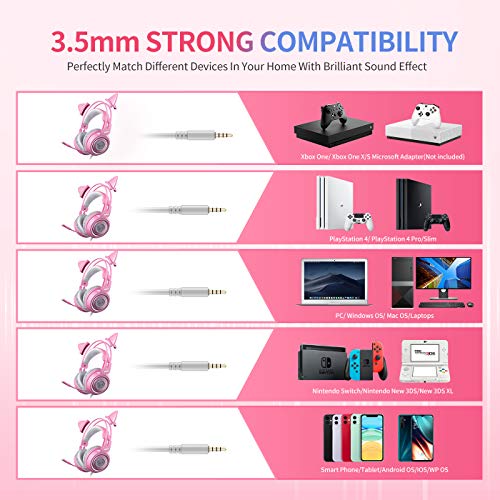 Pink Stereo Gaming Headset, Self-Adjusting Over Ear Headphones with Detachable Cat Ears