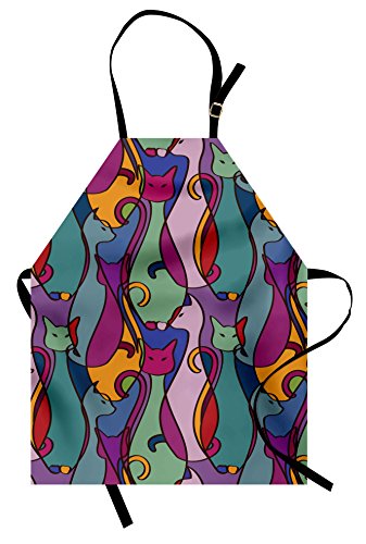 Lunarable Cat Apron, Colorful Kittens Domestic Contour Geometric Design, Unisex Kitchen Bib with Adjustable Neck for Cooking Gardening, Adult Size, Pink Magenta
