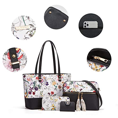 Women's Black & Beige Floral Print 4-Piece Tote Bag, Shoulder Handbag, Clutch Wallet & Card Holder Set  (3 styles)