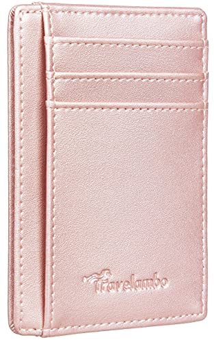 Travelambo Front Pocket Minimalist Leather Slim Wallet RFID Blocking Medium Size(Rose Gold)