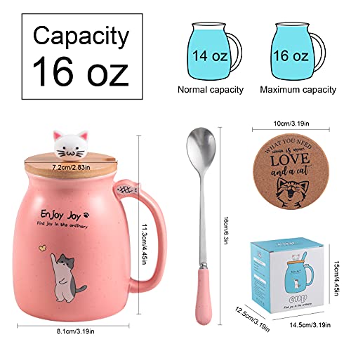 Feify Cute Cat Cup Ceramic Coffee Mug with Kawaii Cat Wooden Lid, Lovely Stainless Steel Spoon, Anime Kitty Thicken Wooden Coaster, Christmas Birthday Gift Cute Thing Japanese Mug 480ML(Pink)