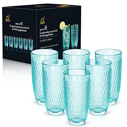 CREATIVELAND Highball Beverage Glasses Set of 6 TURQUOISE Colored Thick & Heavy Base Big Capacity 14.87oz|440ml, Drinking Glass Tumbler for Iced Tea, Water, Soda & Juice and Cocktails etc